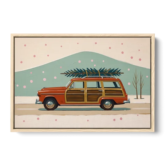 Mid Century Christmas Decor with a Woody Wagon - Oak Framed Canvas Wall Art - Front