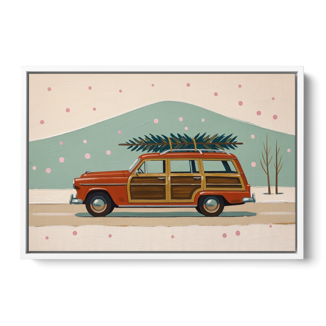 Mid Century Christmas Decor with a Woody Wagon - White Framed Canvas Wall Art - Front