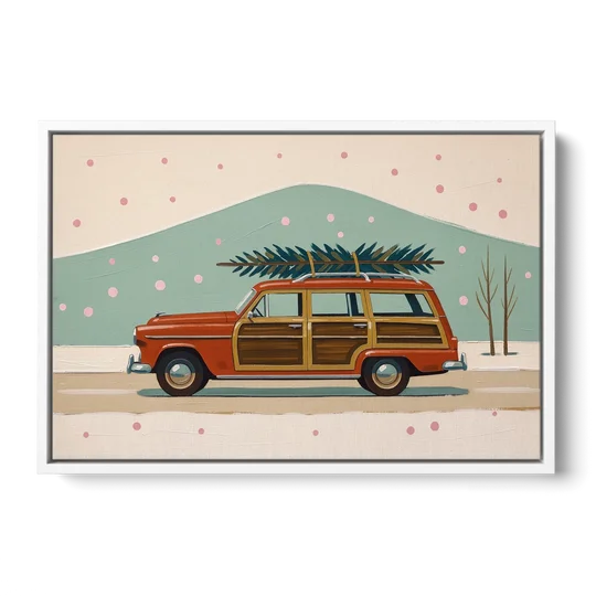 Mid Century Christmas Decor with a Woody Wagon - White Framed Canvas Wall Art - Front