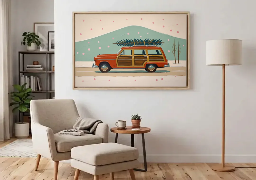 Mid Century Christmas Decor with a Woody Wagon canvas wall art above an armchair in a bright living room