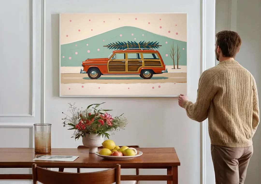 Mid Century Christmas Decor with a Woody Wagon canvas wall art above a dining table