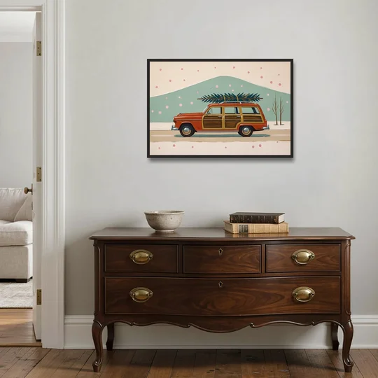 Mid Century Christmas Decor with a Woody Wagon - Black Framed Canvas Wall Art - Coffee Table - 36x24