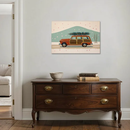 Mid Century Christmas Decor with a Woody Wagon - Canvas Wall Art - Coffee Table - 36x24