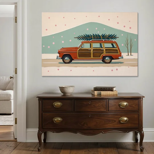Mid Century Christmas Decor with a Woody Wagon - Canvas Wall Art - Coffee Table - 60x40