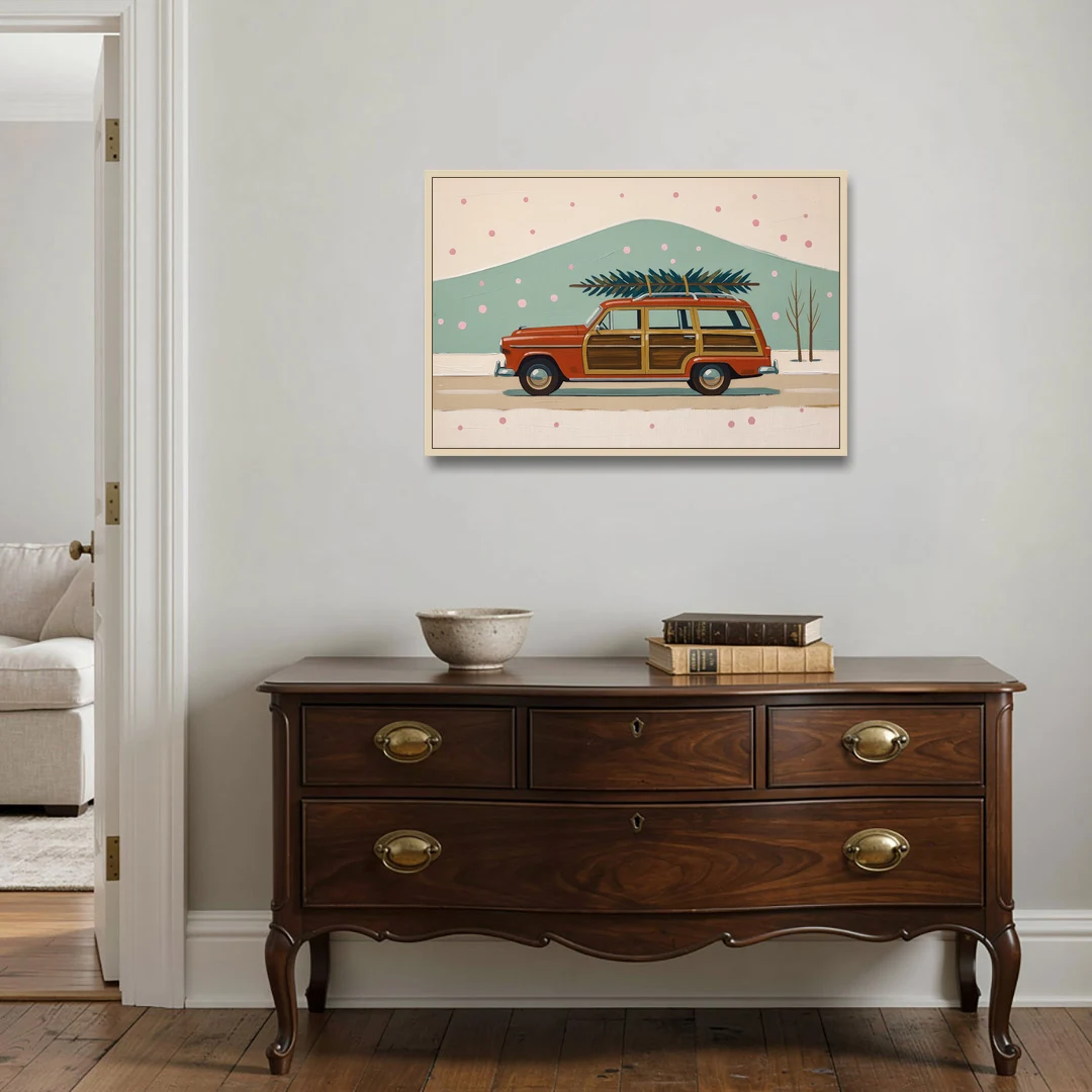 Mid Century Christmas Decor with a Woody Wagon - Oak Framed Canvas Wall Art - Coffee Table - 36x24
