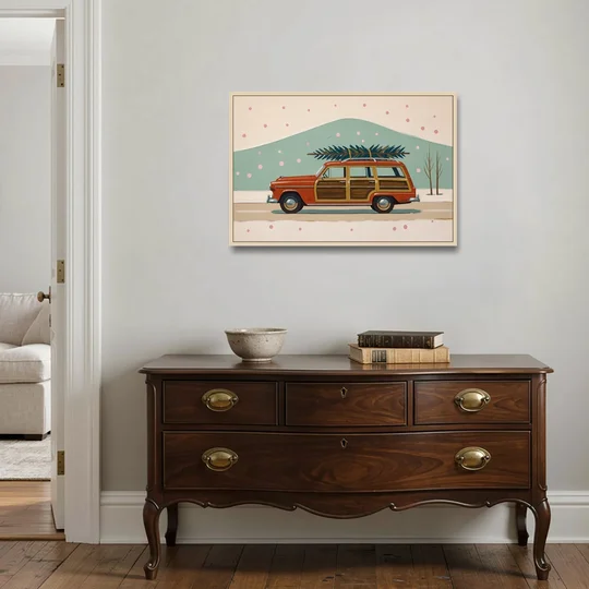 Mid Century Christmas Decor with a Woody Wagon - Oak Framed Canvas Wall Art - Coffee Table - 36x24