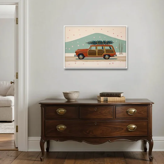 Mid Century Christmas Decor with a Woody Wagon - White Framed Canvas Wall Art - Coffee Table - 36x24