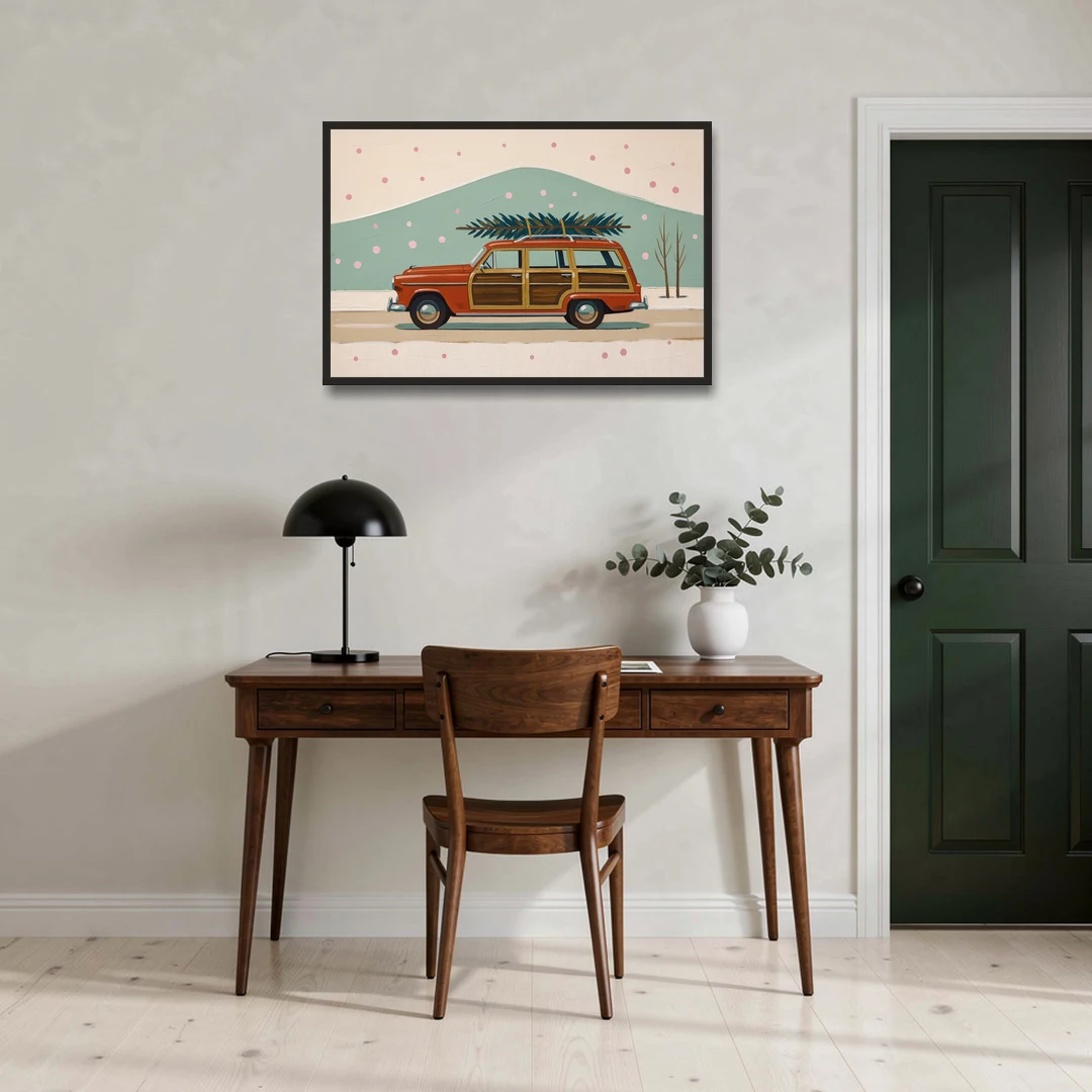 Mid Century Christmas Decor with a Woody Wagon - Black Framed Canvas Wall Art - Office - 36x24