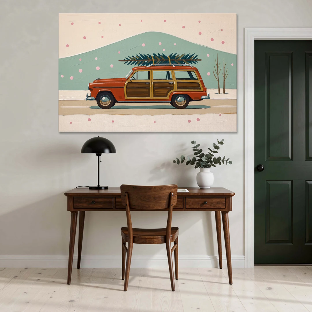 Mid Century Christmas Decor with a Woody Wagon - Canvas Wall Art - Office - 60x40