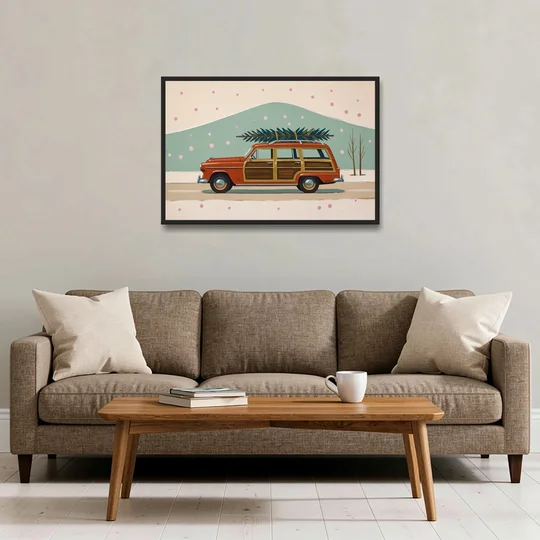 Mid Century Christmas Decor with a Woody Wagon - Black Framed Canvas Wall Art - Sofa - 36x24