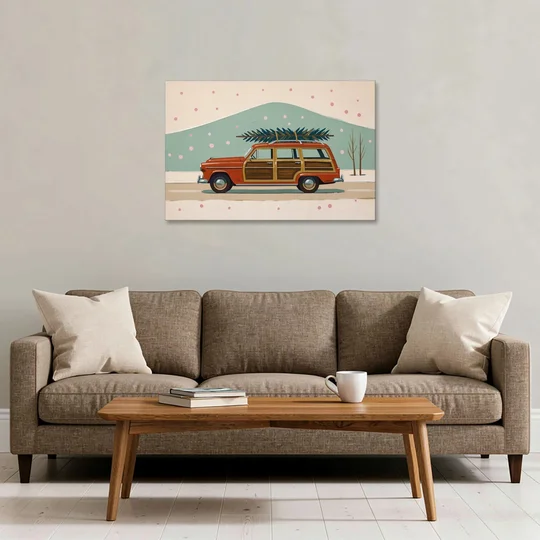 Mid Century Christmas Decor with a Woody Wagon - Canvas Wall Art - Sofa - 36x24