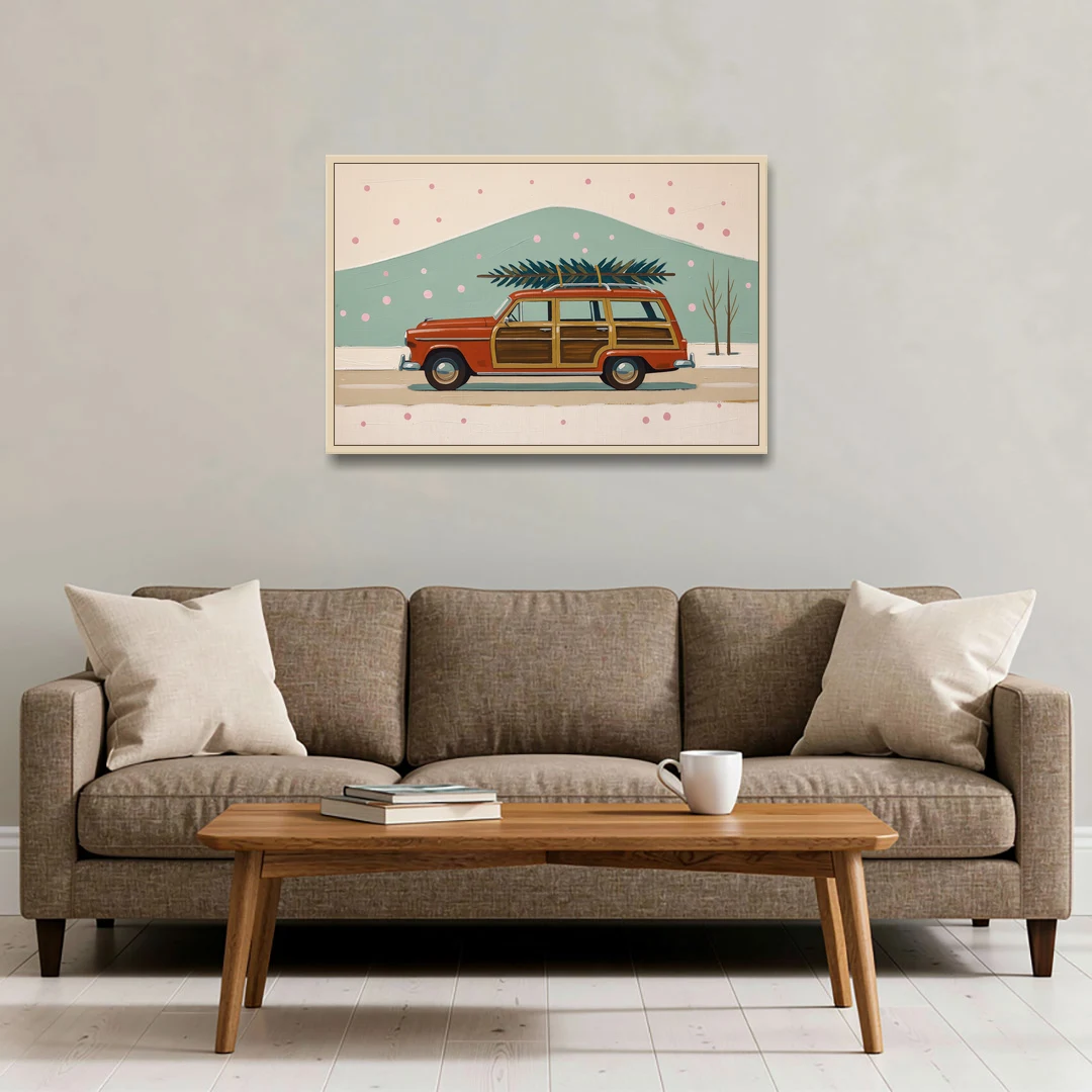 Mid Century Christmas Decor with a Woody Wagon - Oak Framed Canvas Wall Art - Sofa - 36x24