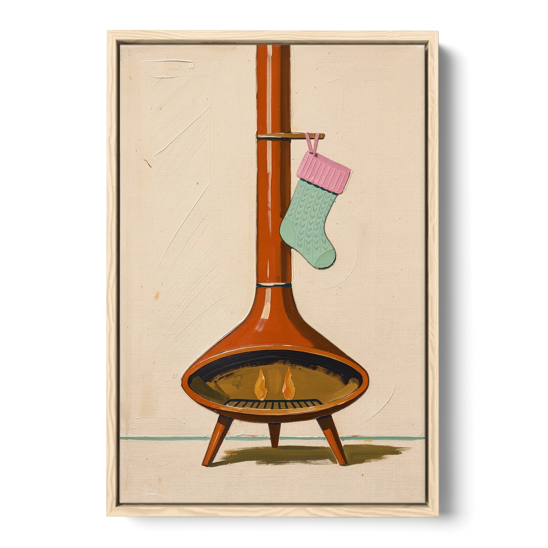 Mid-Century Christmas Wall Art of a Cone Fireplace - Oak Framed Canvas Wall Art - Front