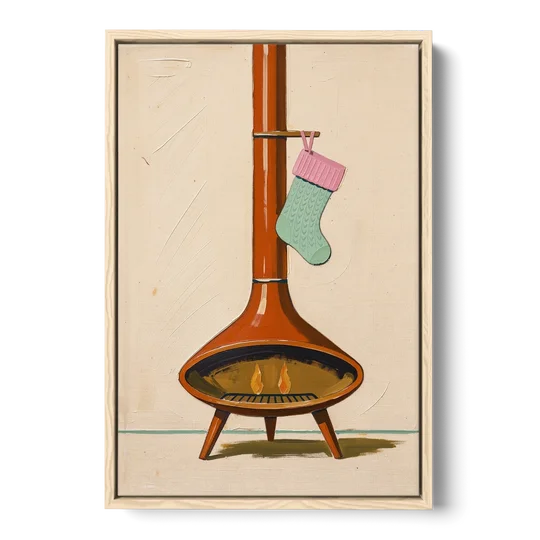 Mid-Century Christmas Wall Art of a Cone Fireplace - Oak Framed Canvas Wall Art - Front