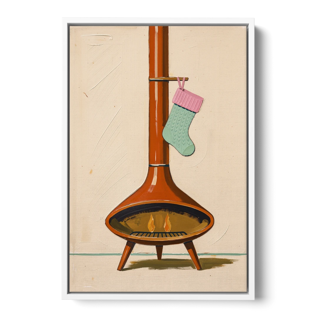 Mid-Century Christmas Wall Art of a Cone Fireplace - White Framed Canvas Wall Art - Front