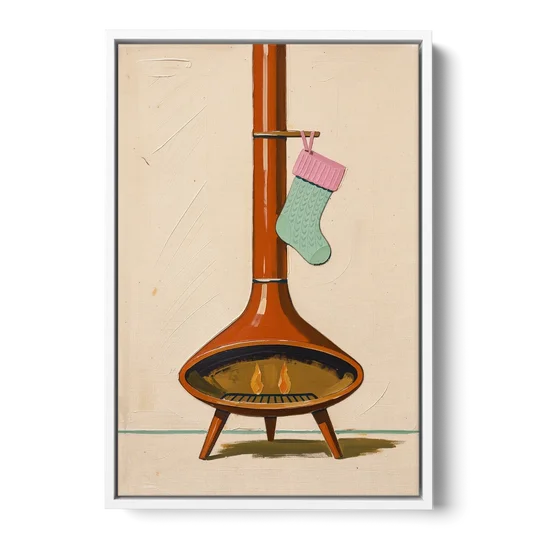 Mid-Century Christmas Wall Art of a Cone Fireplace - White Framed Canvas Wall Art - Front