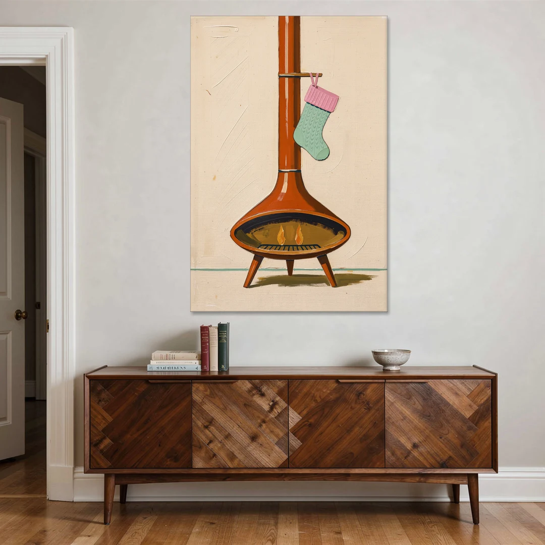 Mid-Century Christmas Wall Art of a Cone Fireplace - Canvas Wall Art - Coffee Table - 40x60