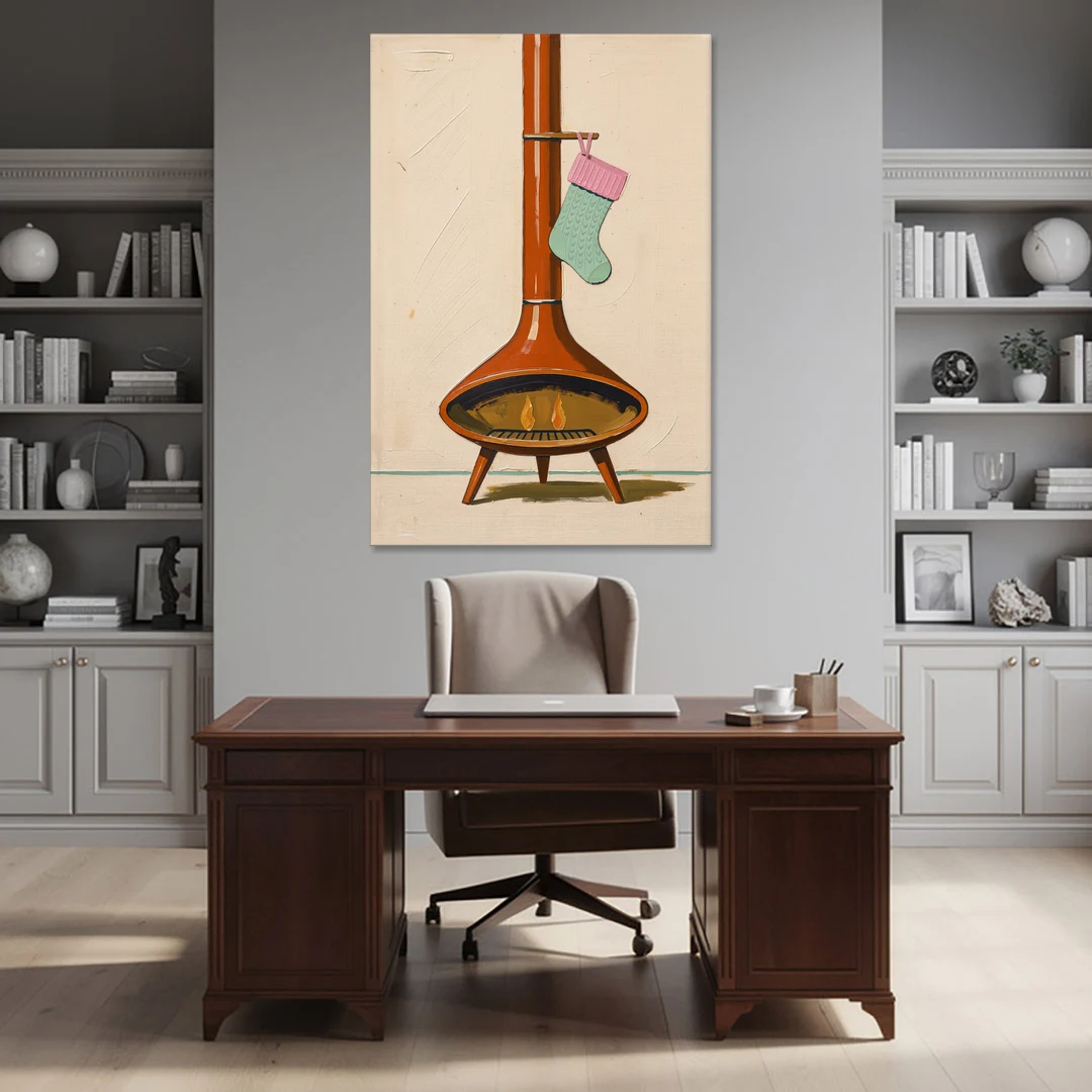 Mid-Century Christmas Wall Art of a Cone Fireplace - Canvas Wall Art - Office - 40x60