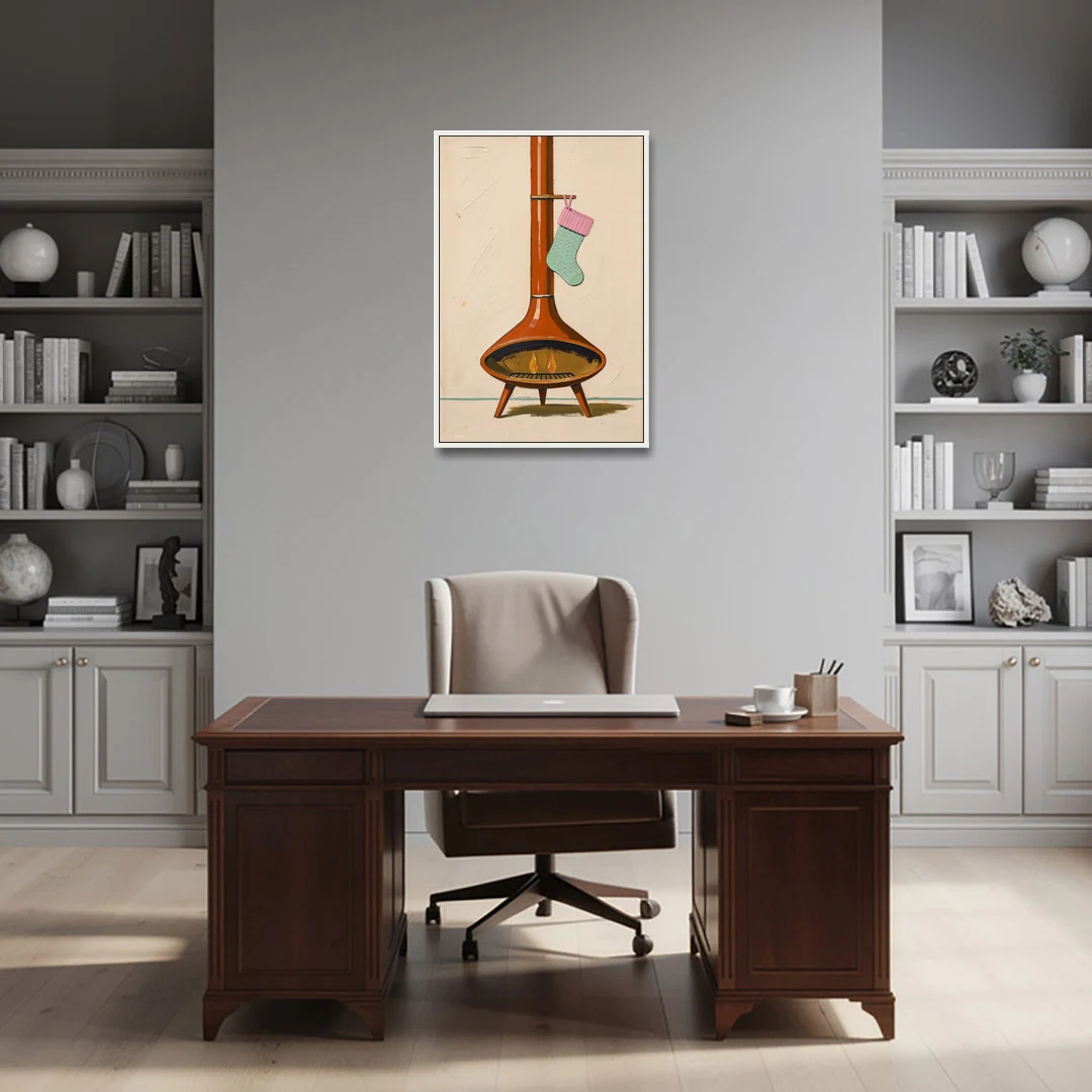 Mid-Century Christmas Wall Art of a Cone Fireplace - White Framed Canvas Wall Art - Office - 24x36