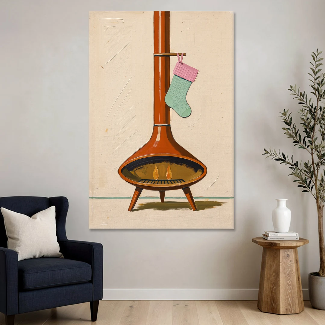 Mid-Century Christmas Wall Art of a Cone Fireplace - Canvas Wall Art - Sofa - 40x60