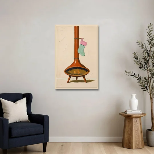 Mid-Century Christmas Wall Art of a Cone Fireplace - Oak Framed Canvas Wall Art - Sofa - 24x36