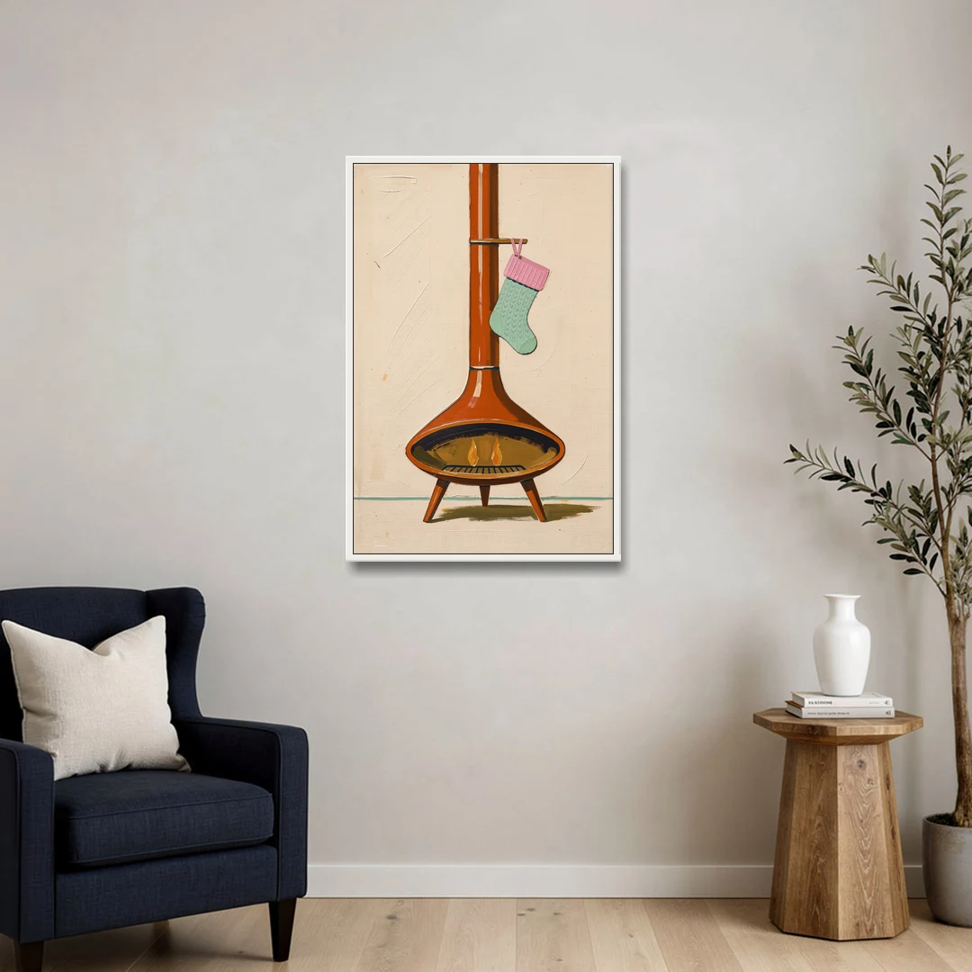 Mid-Century Christmas Wall Art of a Cone Fireplace - White Framed Canvas Wall Art - Sofa - 24x36