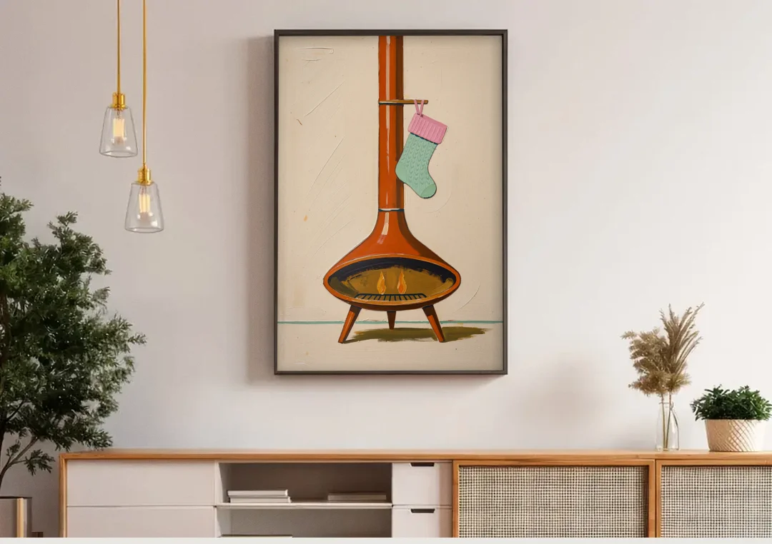 Mid-Century Christmas Wall Art of a Cone Fireplace canvas wall art above a wooden sideboard under pendant lights