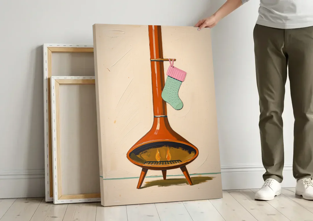Mid-Century Christmas Wall Art of a Cone Fireplace canvas wall art leaning against a wall next to blank canvases