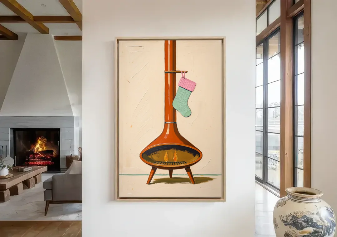 Mid-Century Christmas Wall Art of a Cone Fireplace canvas wall art in a living room with a fireplace