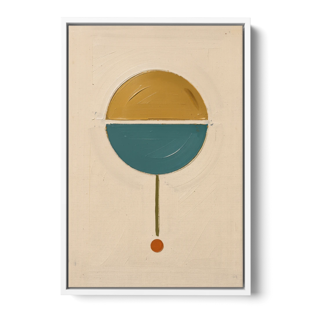 Mid Century Geometric Art with a Sliding Split Circle - White Framed Canvas Wall Art - Front