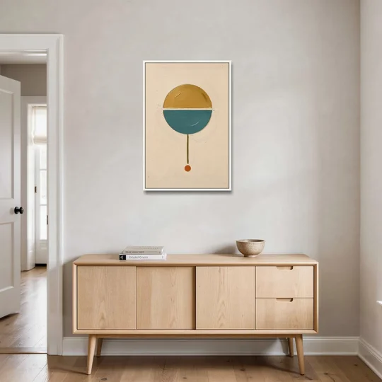 Mid Century Geometric Art with a Sliding Split Circle - White Framed Canvas Wall Art - Coffee Table - 24x36