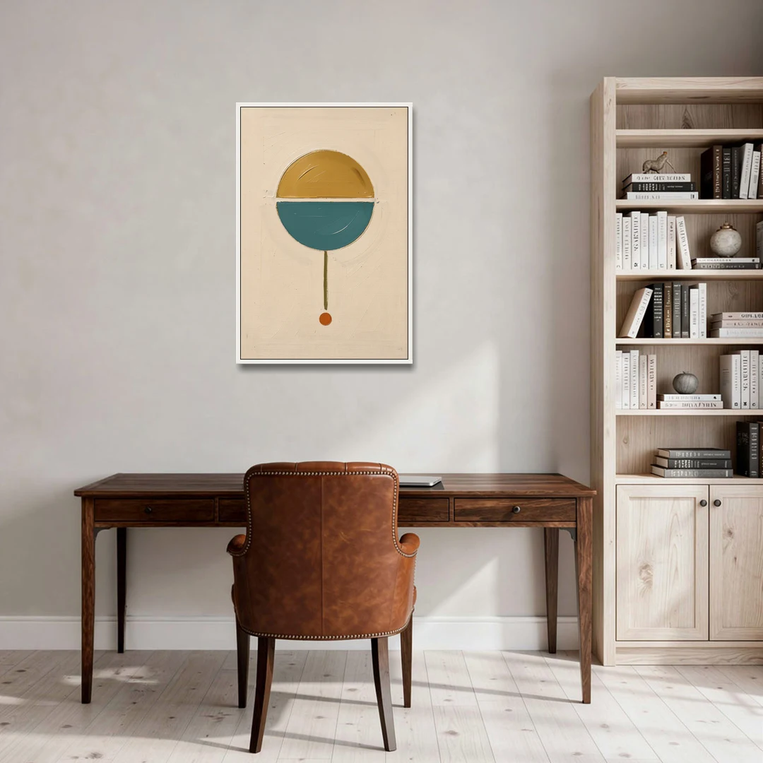 Mid Century Geometric Art with a Sliding Split Circle - White Framed Canvas Wall Art - Office - 24x36