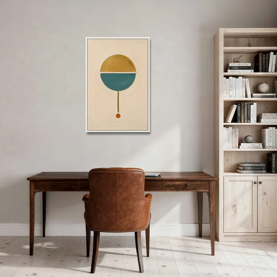 Mid Century Geometric Art with a Sliding Split Circle - White Framed Canvas Wall Art - Office - 24x36