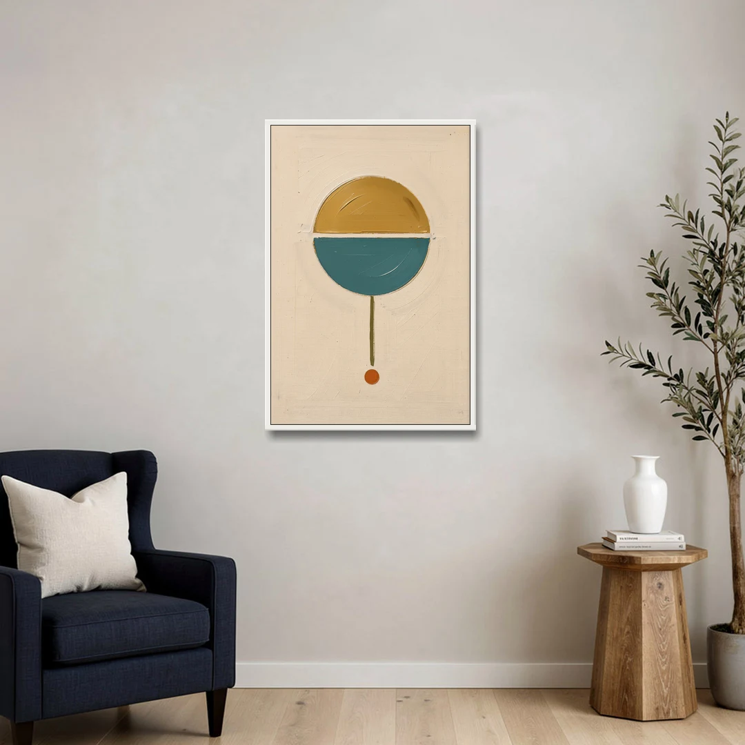 Mid Century Geometric Art with a Sliding Split Circle - White Framed Canvas Wall Art - Sofa - 24x36
