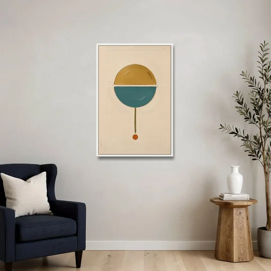 Mid Century Geometric Art with a Sliding Split Circle - White Framed Canvas Wall Art - Sofa - 24x36