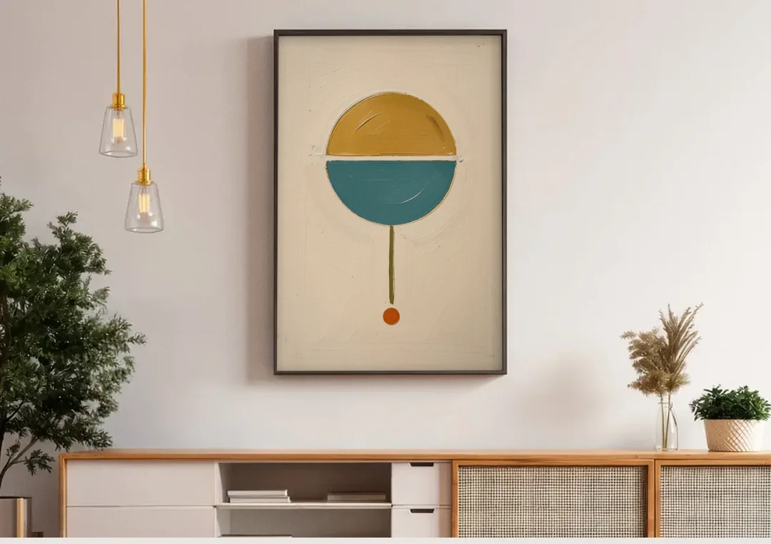 Mid Century Geometric Art with a Sliding Split Circle canvas wall art above a wooden sideboard under pendant lights