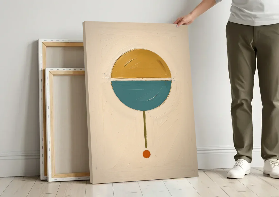 Mid Century Geometric Art with a Sliding Split Circle canvas wall art leaning against a wall next to blank canvases