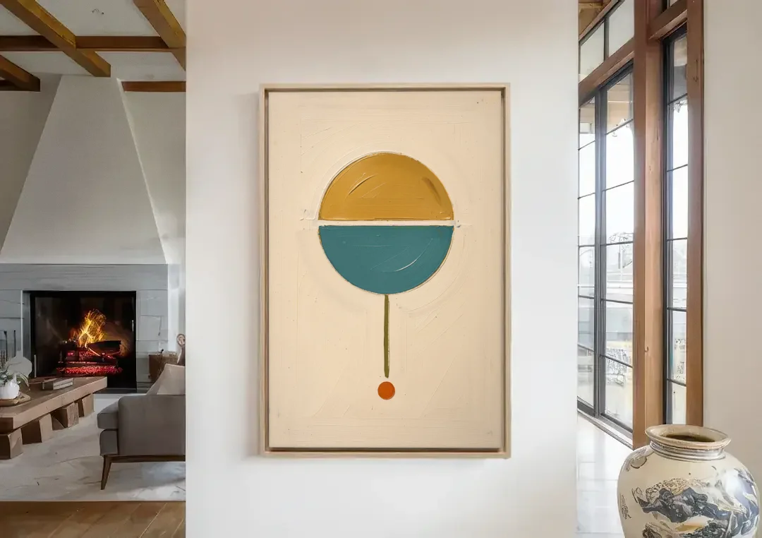 Mid Century Geometric Art with a Sliding Split Circle canvas wall art in a living room with a fireplace