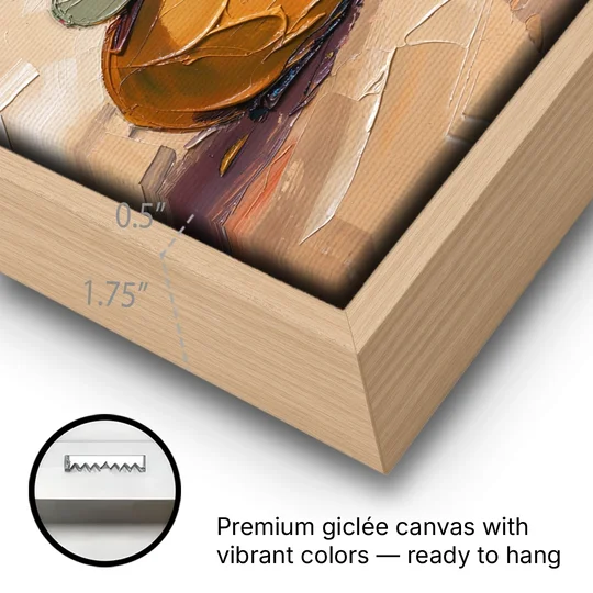 Mid Century Modern Abstract Ochre Pebble Cairn - Oak Framed Canvas Wall Art - Gallery Wrap Corner