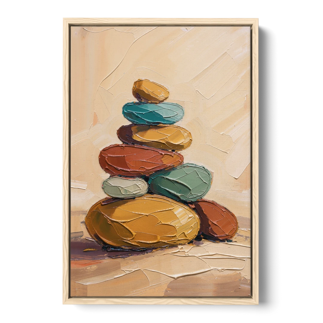 Mid Century Modern Abstract Ochre Pebble Cairn - Oak Framed Canvas Wall Art - Front