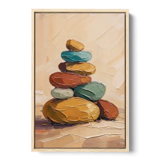 Mid Century Modern Abstract Ochre Pebble Cairn - Oak Framed Canvas Wall Art - Front