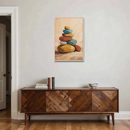 Mid Century Modern Abstract Ochre Pebble Cairn - Oak Framed Canvas Wall Art - Coffee Table - 24x36