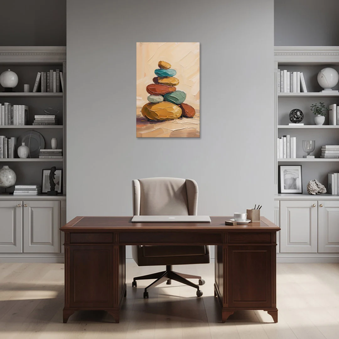 Mid Century Modern Abstract Ochre Pebble Cairn - Canvas Wall Art - Office - 24x36