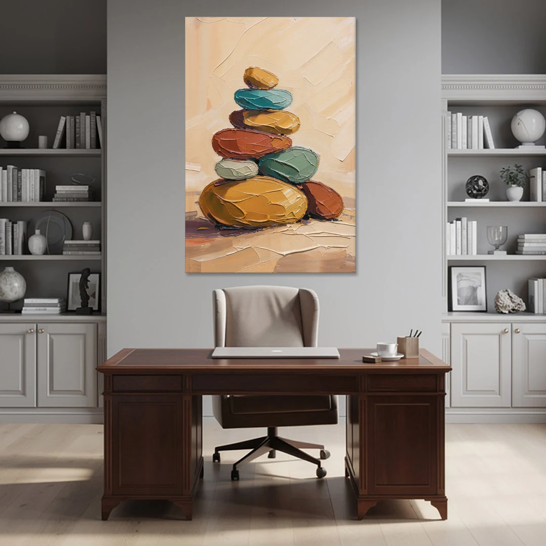 Mid Century Modern Abstract Ochre Pebble Cairn - Canvas Wall Art - Office - 40x60