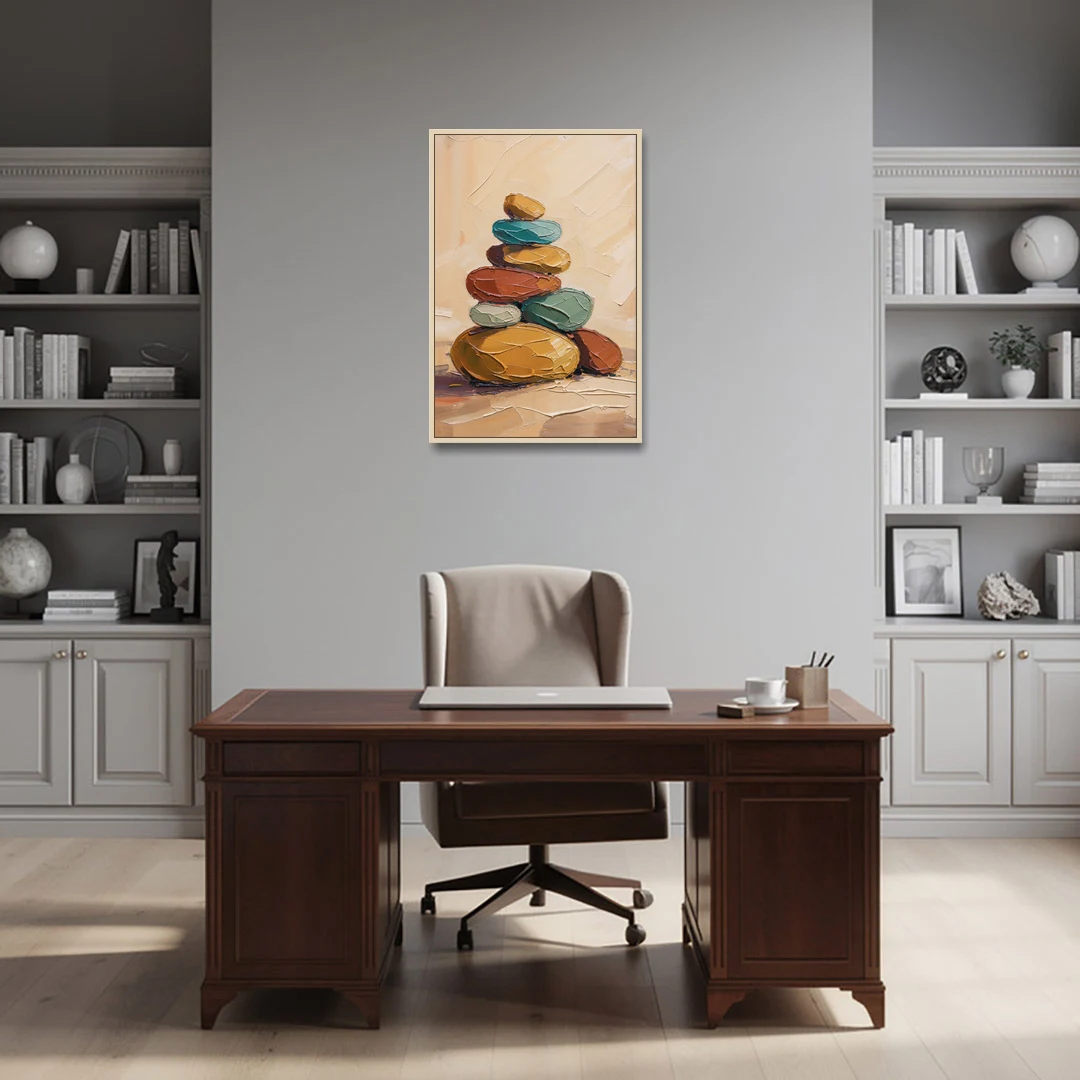 Mid Century Modern Abstract Ochre Pebble Cairn - Oak Framed Canvas Wall Art - Office - 24x36