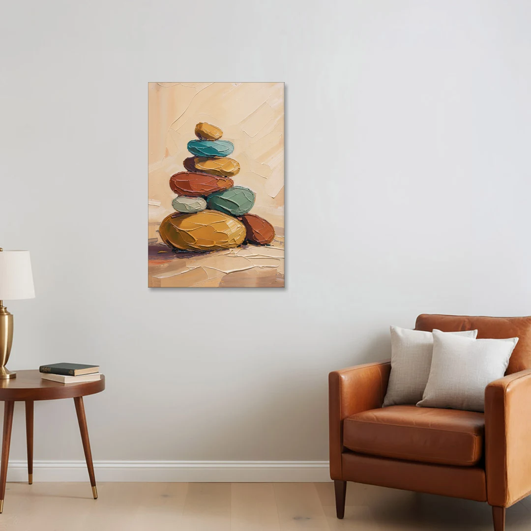Mid Century Modern Abstract Ochre Pebble Cairn - Canvas Wall Art - Sofa - 24x36