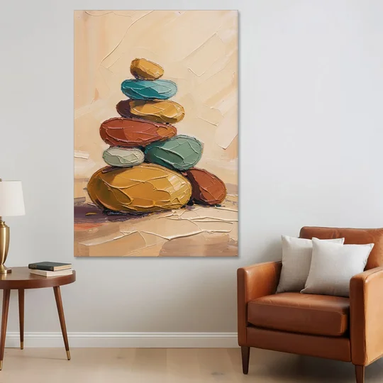 Mid Century Modern Abstract Ochre Pebble Cairn - Canvas Wall Art - Sofa - 40x60