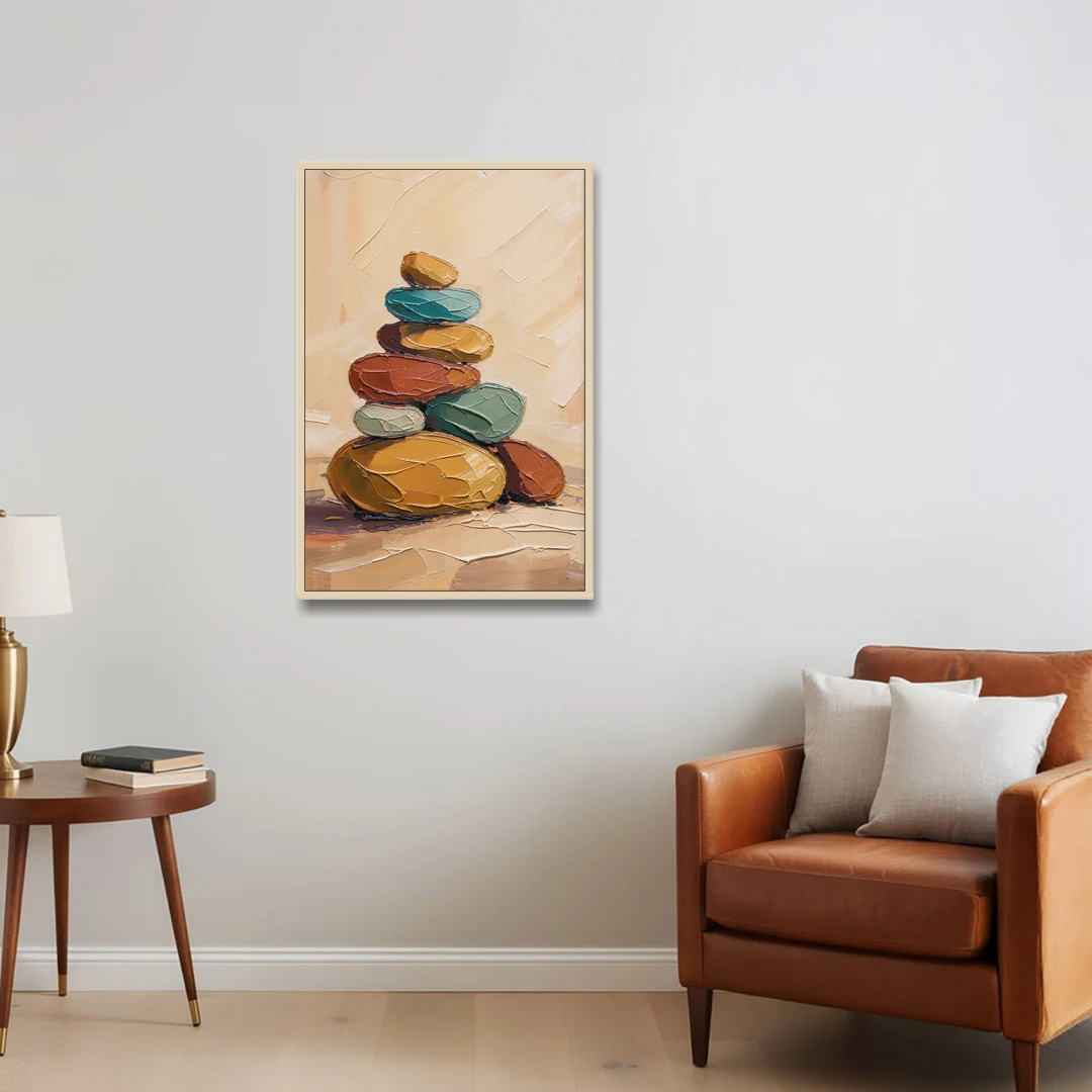 Mid Century Modern Abstract Ochre Pebble Cairn - Oak Framed Canvas Wall Art - Sofa - 24x36