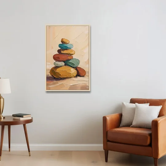 Mid Century Modern Abstract Ochre Pebble Cairn - Oak Framed Canvas Wall Art - Sofa - 24x36