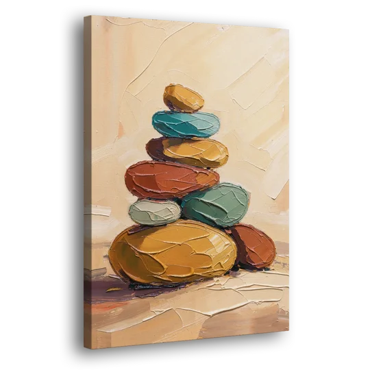 Mid Century Modern Abstract Ochre Pebble Cairn - Canvas Wall Art - Side